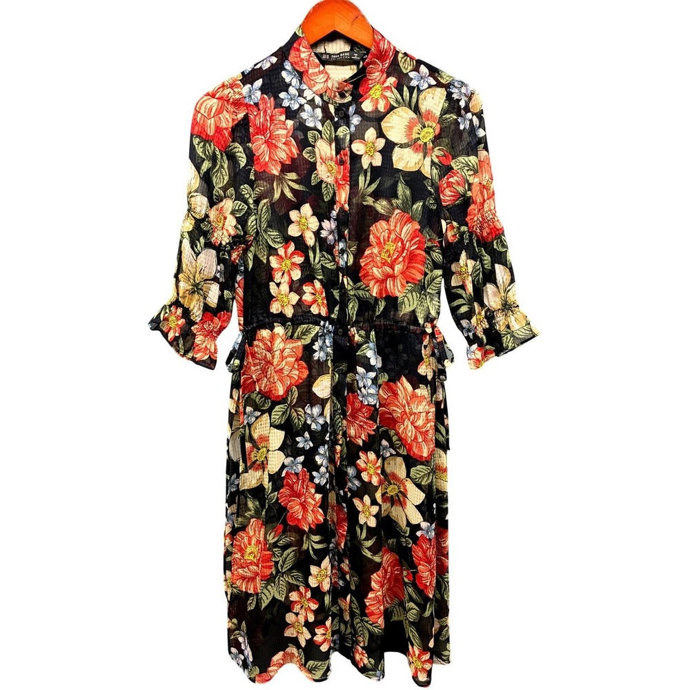 Zara Sheer Floral Button Front Shirt Dress Womens XS Black Red Casual Boho
